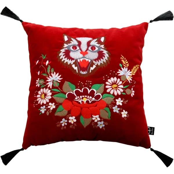 Almohada decorativa de lujo Casa Padrino con borlas Gato rojo / negro 45 x 45 cm - Terciopelo fino - Cojín de vida